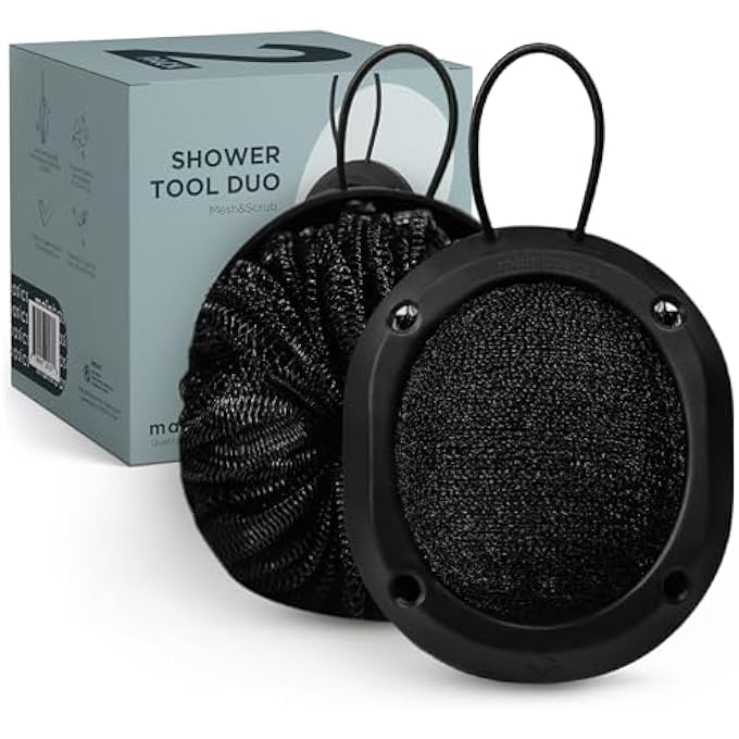 MainBasics Shower Tool Duo 2-1 Shower Loofah Sponge and Exfoliating Body Scrubber (2 Pack, Black) - Image 1
